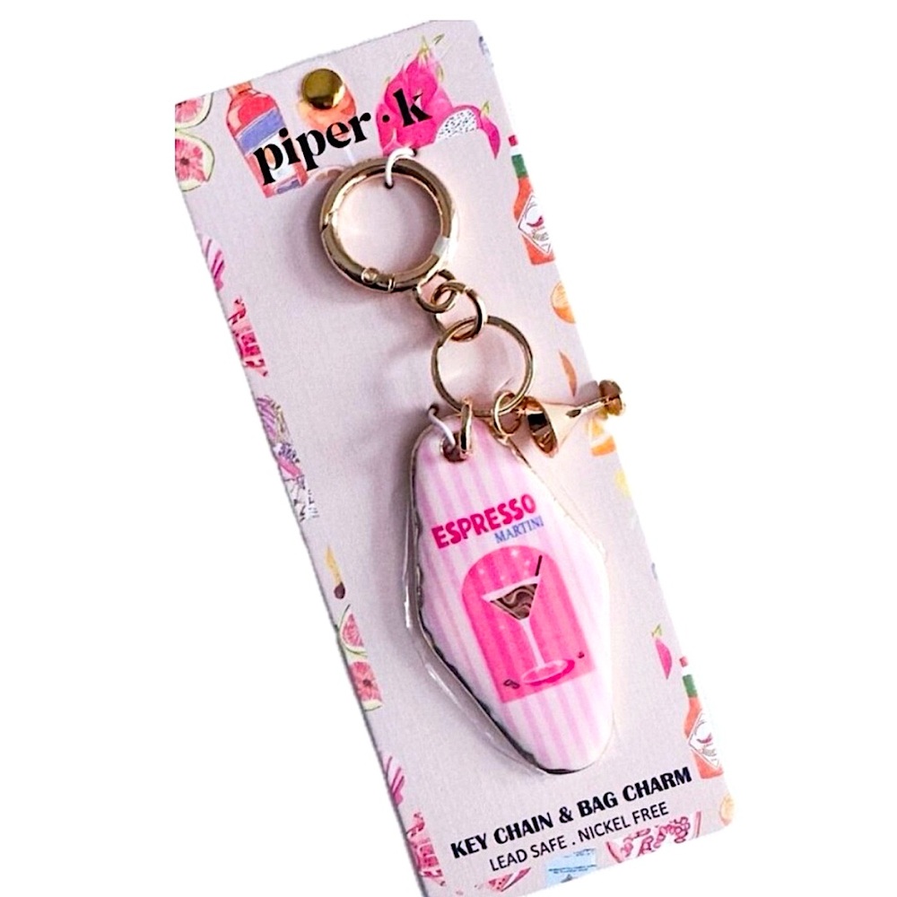 Viral Piper K Pink Espresso Martini Striped Bag Charm Keychain Gold Tone NWT